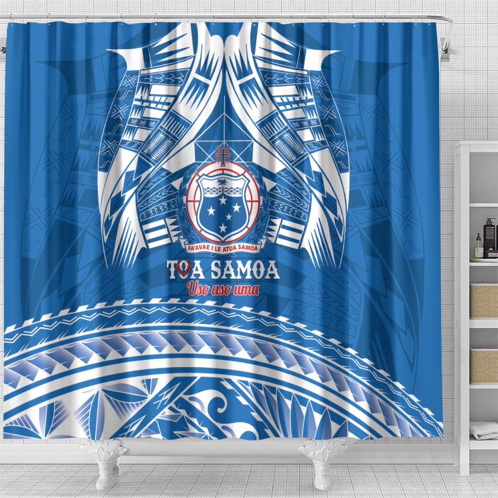 Toa Samoa Rugby Custom Shower Curtain Uso aso uma Samoan Pattern Blue - Polynesian Pride