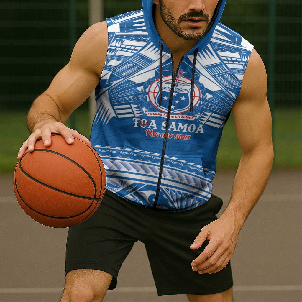 Toa Samoa Rugby Custom Sleeveless Zip Hoodie Uso aso uma Samoan Pattern Blue - Polynesian Pride