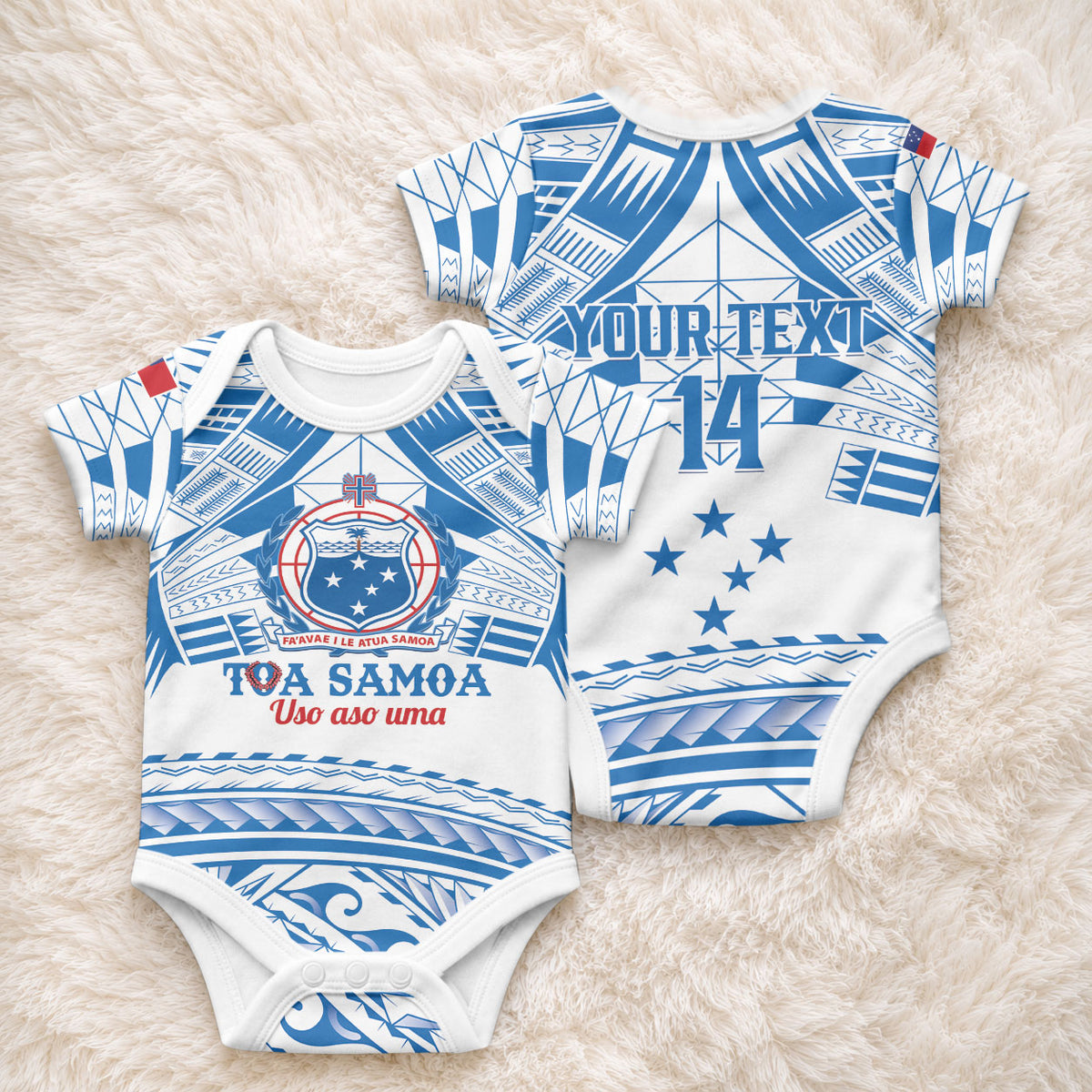 Toa Samoa Rugby Custom Baby Onesie Uso aso uma Samoan Pattern White LT14 - Polynesian Pride