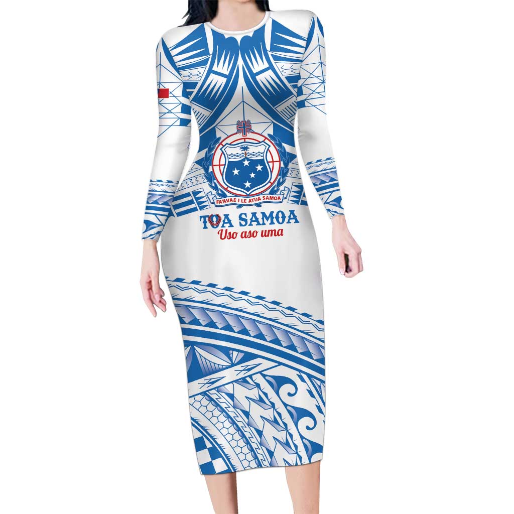 Toa Samoa Rugby Custom Long Sleeve Bodycon Dress Uso aso uma Samoan Pattern White - Polynesian Pride