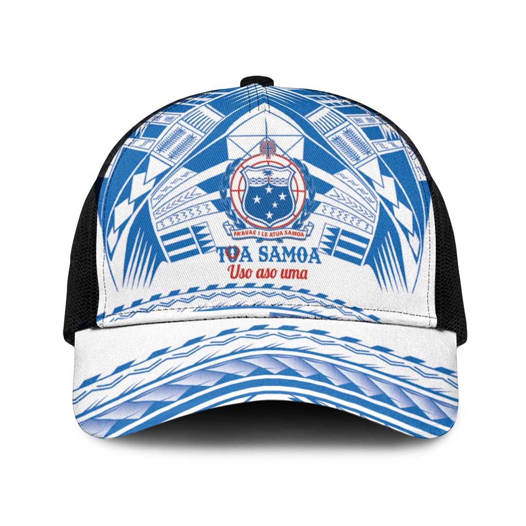 Toa Samoa Rugby Mesh Trucker Cap Uso aso uma Samoan Pattern White - Polynesian Pride