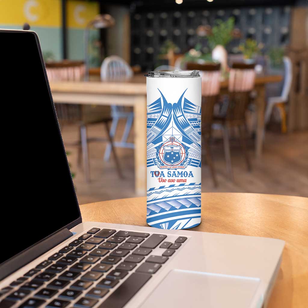Toa Samoa Rugby Custom Skinny Tumbler Uso aso uma Samoan Pattern White - Polynesian Pride