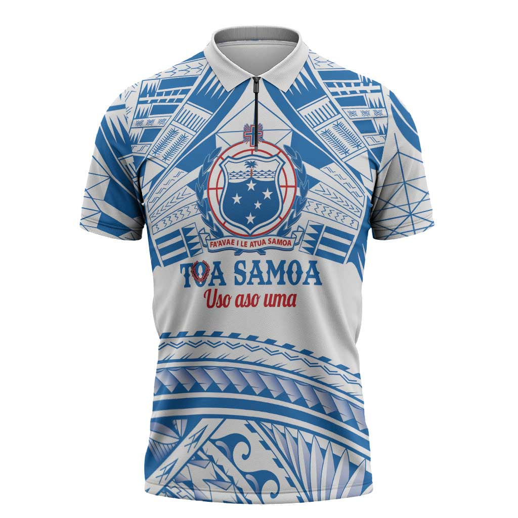 Toa Samoa Rugby Custom Zipper Polo Shirt Uso aso uma Samoan Pattern White - Polynesian Pride