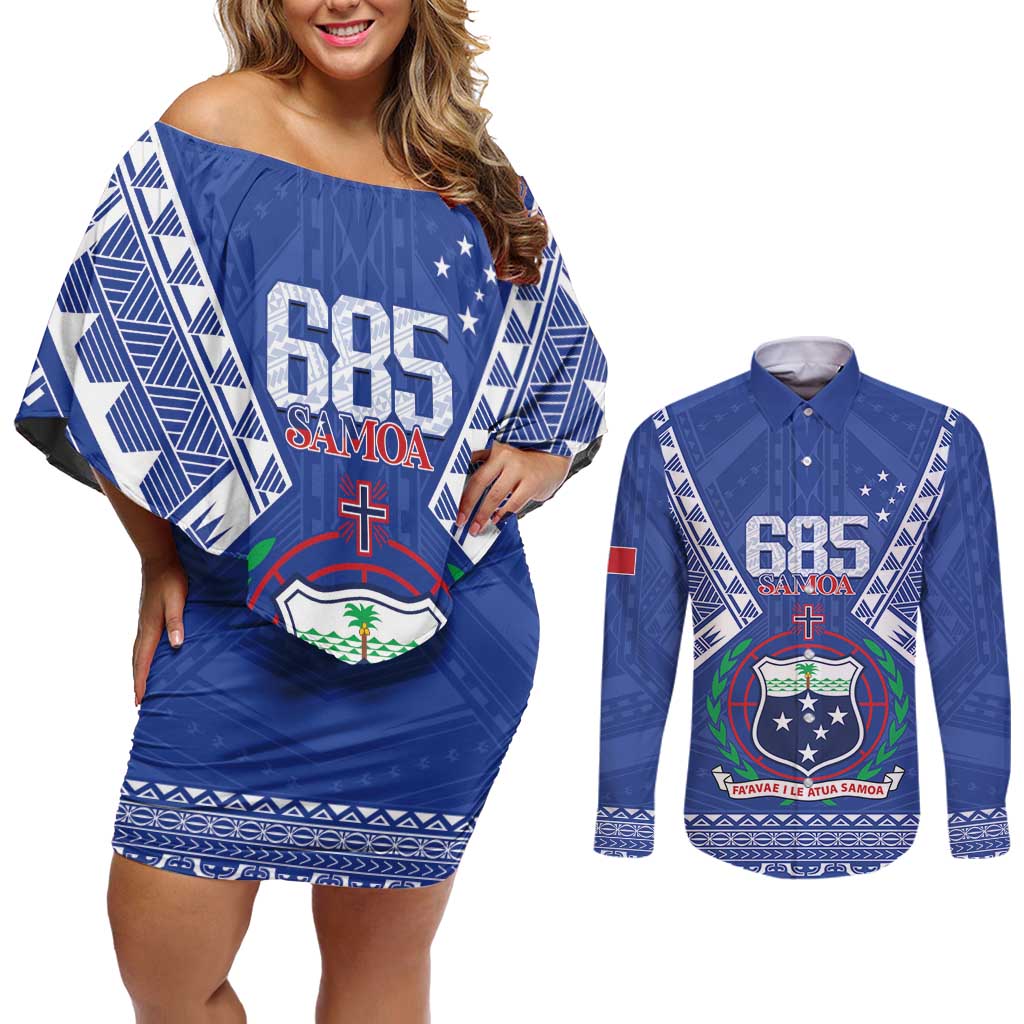 Personalised Samoa 685 Couples Matching Off Shoulder Short Dress and Long Sleeve Button Shirt Samoan Pride Coat Of Arms - Polynesian Pride