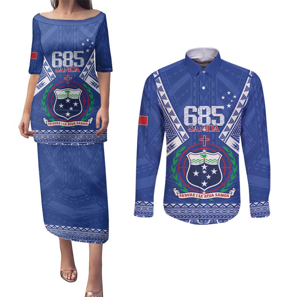 Personalised Samoa 685 Couples Matching Puletasi and Long Sleeve Button Shirt Samoan Pride Coat Of Arms - Polynesian Pride