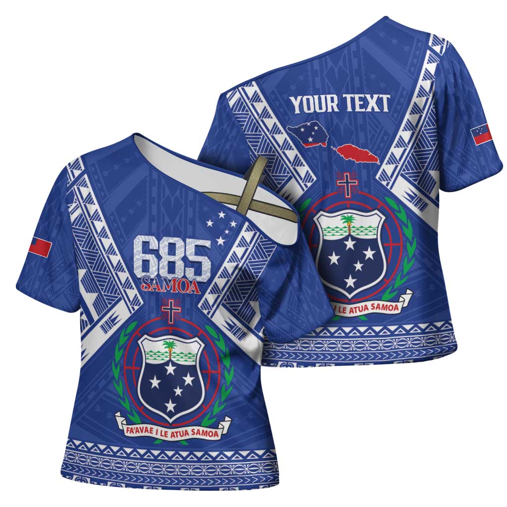 Personalised Samoa 685 Cross Shoulder Shirt Samoan Pride Coat Of Arms - Polynesian Pride