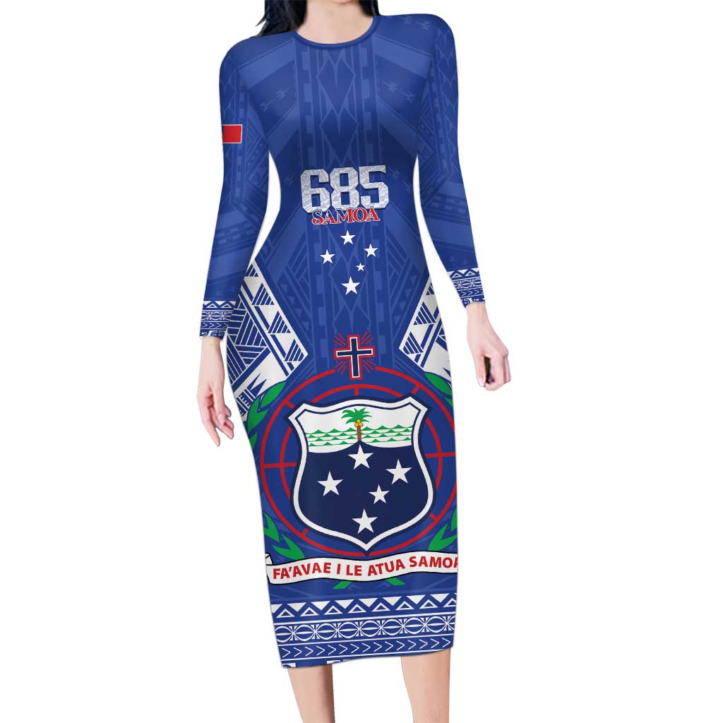 Personalised Samoa 685 Family Matching Long Sleeve Bodycon Dress and Hawaiian Shirt Samoan Pride Coat Of Arms LT14 Mom's Dress Blue - Polynesian Pride