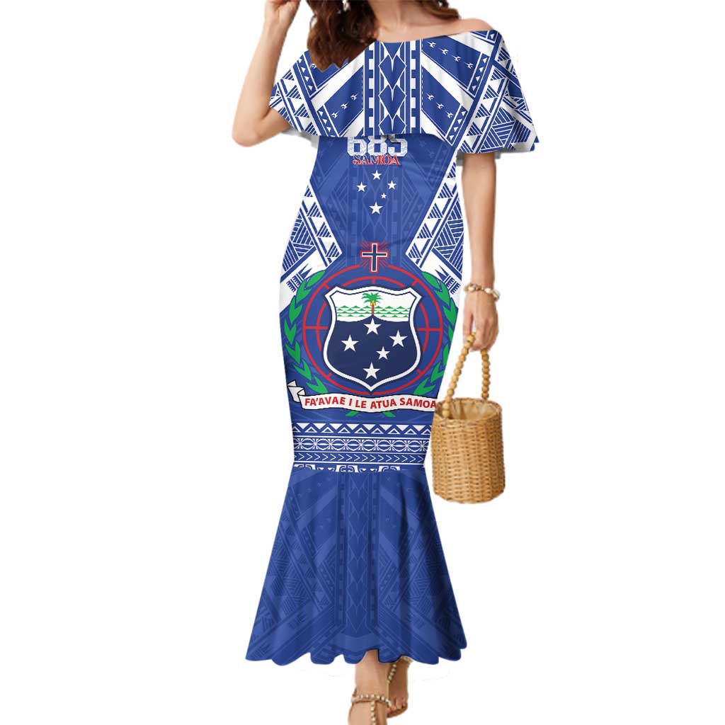 Personalised Samoa 685 Family Matching Mermaid Dress and Hawaiian Shirt Samoan Pride Coat Of Arms LT14 Mom's Dress Blue - Polynesian Pride