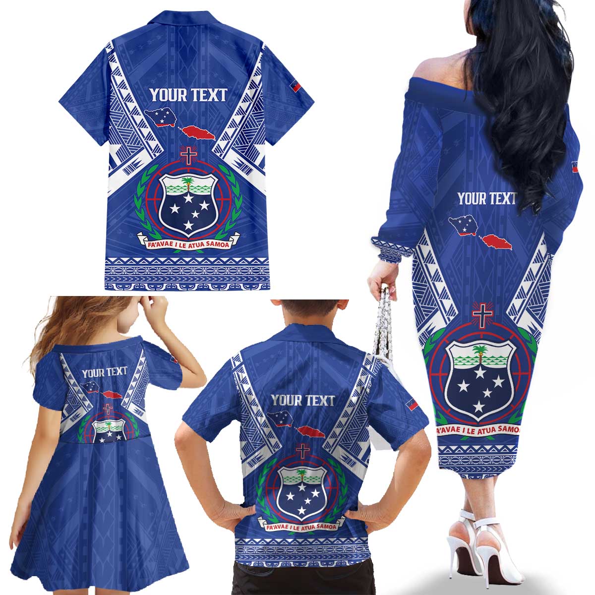 Personalised Samoa 685 Family Matching Off The Shoulder Long Sleeve Dress and Hawaiian Shirt Samoan Pride Coat Of Arms LT14 - Polynesian Pride