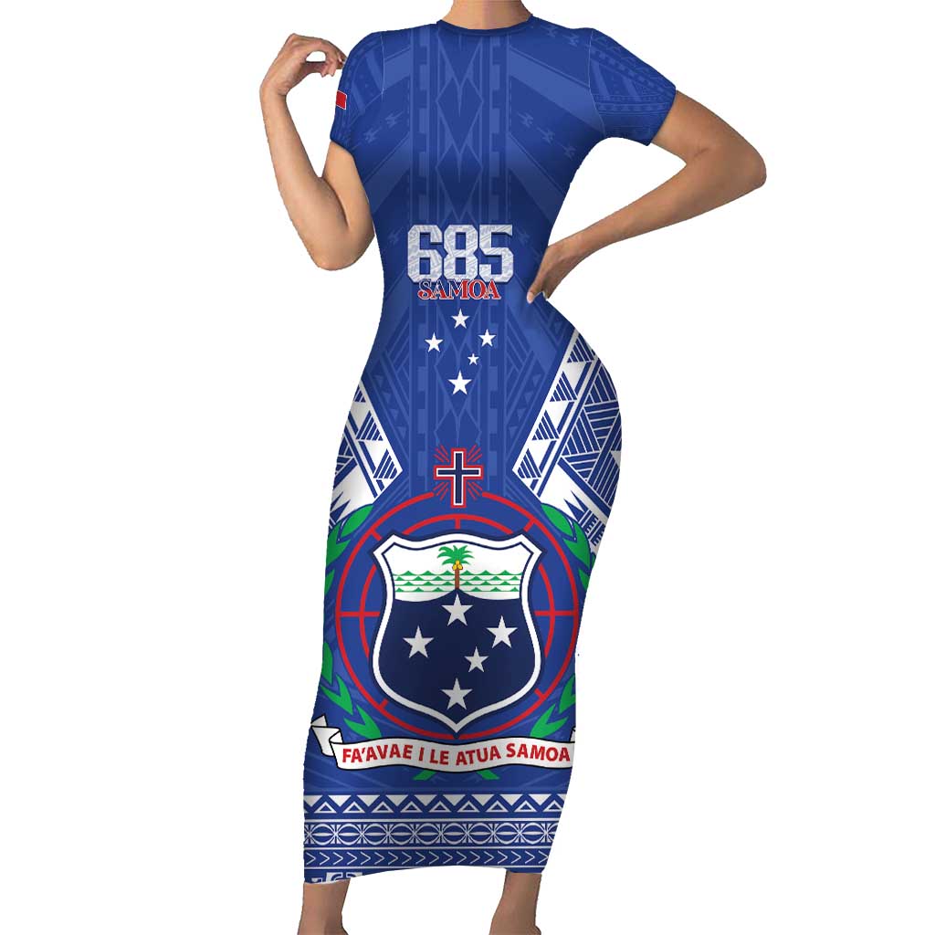Personalised Samoa 685 Family Matching Short Sleeve Bodycon Dress and Hawaiian Shirt Samoan Pride Coat Of Arms LT14 Mom's Dress Blue - Polynesian Pride