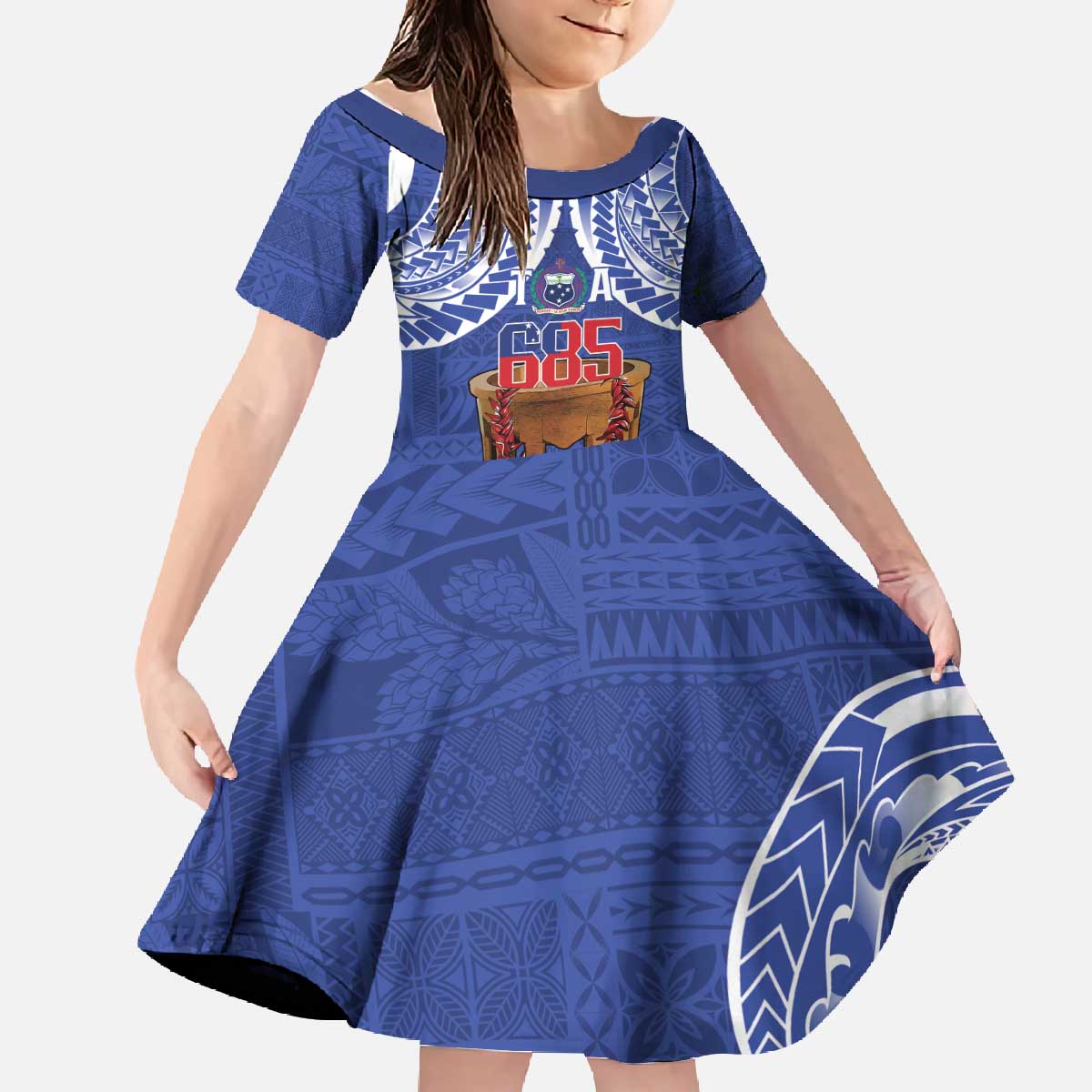 Toa Samoa Rugby Family Matching Off The Shoulder Long Sleeve Dress and Hawaiian Shirt 685 Pride Tanoa Ula Fala LT14 Daughter's Dress Blue - Polynesian Pride