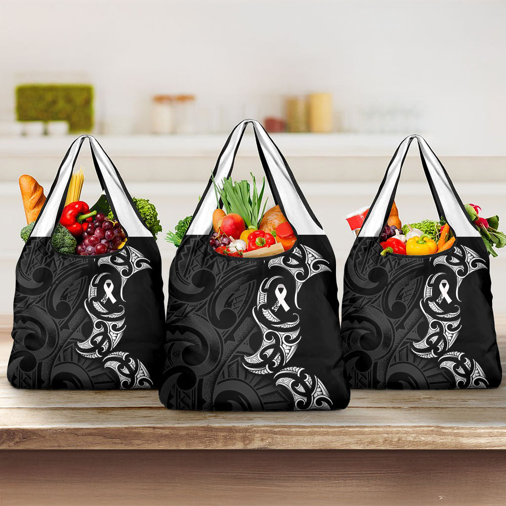 White Ribbon Day New Zealand Grocery Bag Aotearoa Maori Pattern LT14 3-pack One Size Black - Polynesian Pride