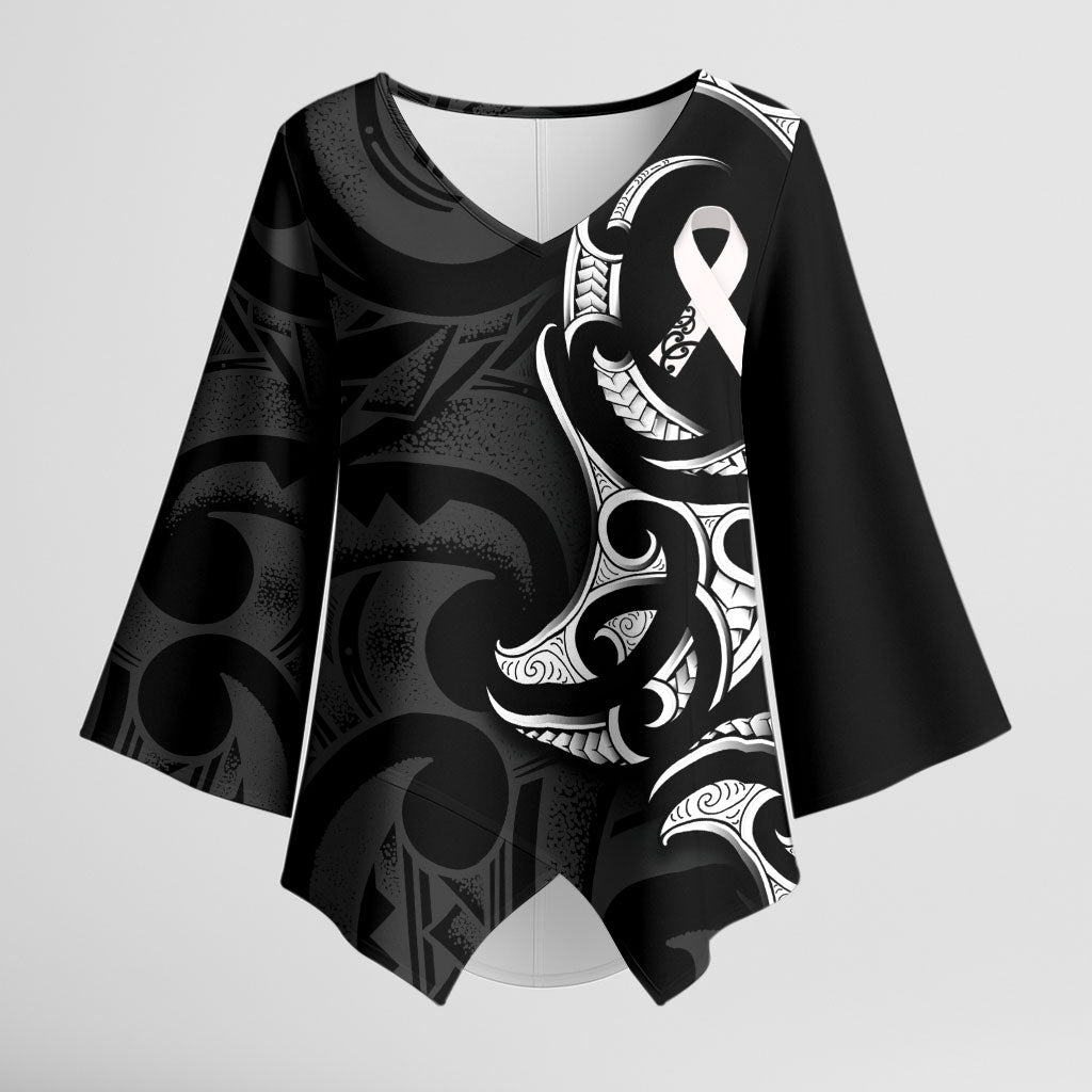 White Ribbon Day New Zealand Kimono Sleeve Blouse Aotearoa Maori Pattern LT14 Female Black - Polynesian Pride