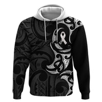 White Ribbon Day New Zealand Zip Hoodie Aotearoa Maori Pattern LT14 Pullover Hoodie Black - Polynesian Pride