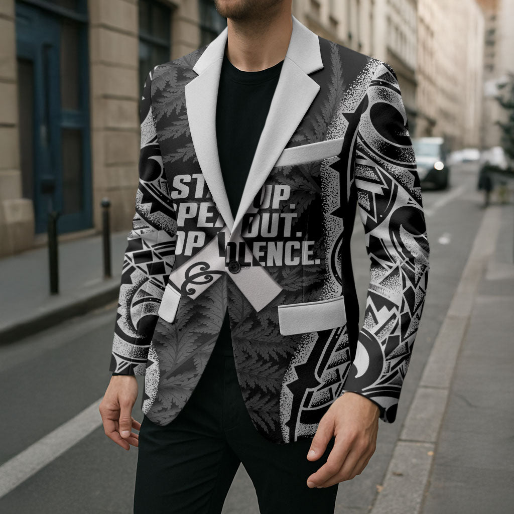White Ribbon Day New Zealand Blazer Respect Women Maori Pattern Black LT14 - Polynesian Pride