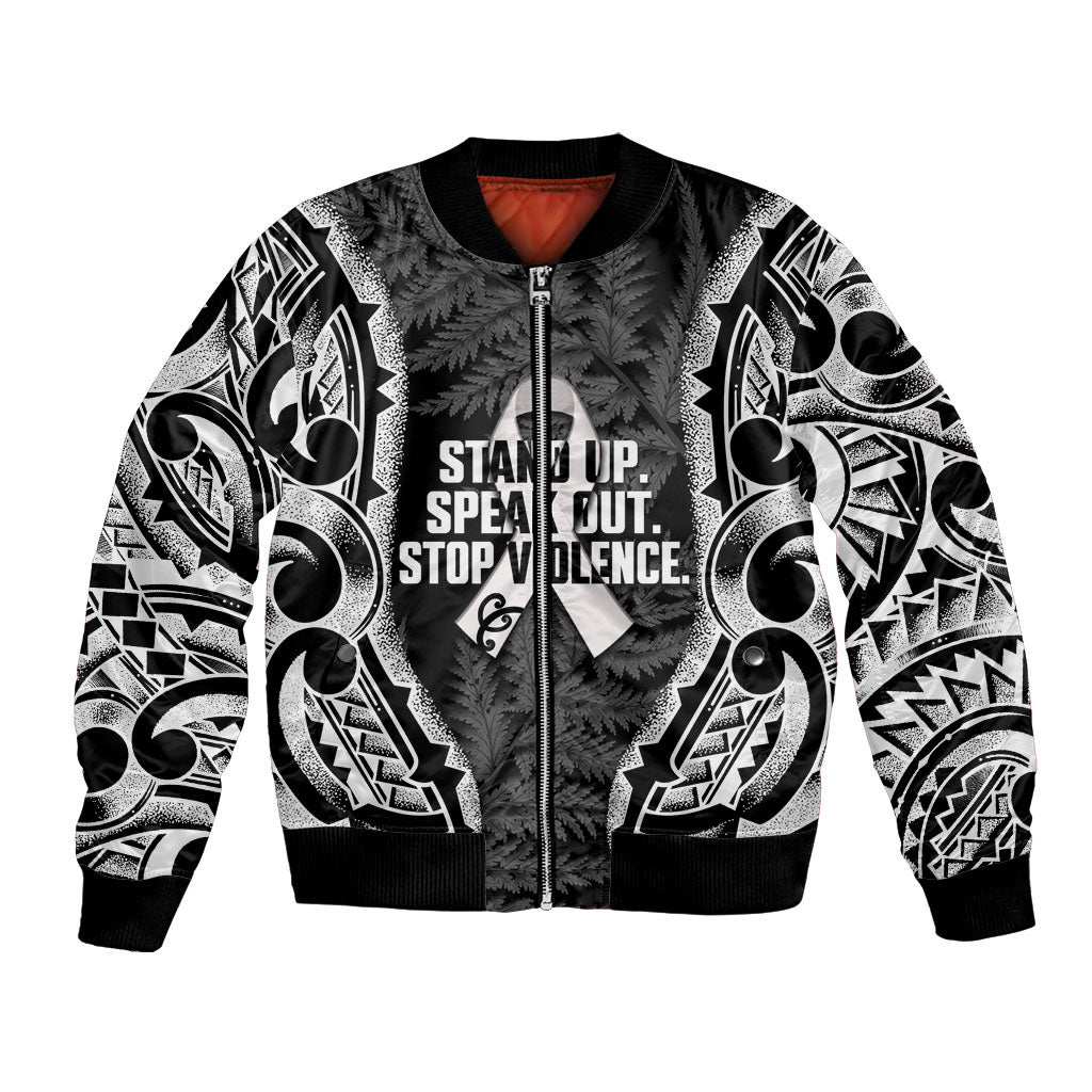 White Ribbon Day New Zealand Bomber Jacket Respect Women Maori Pattern Black LT14 Unisex Black - Polynesian Pride