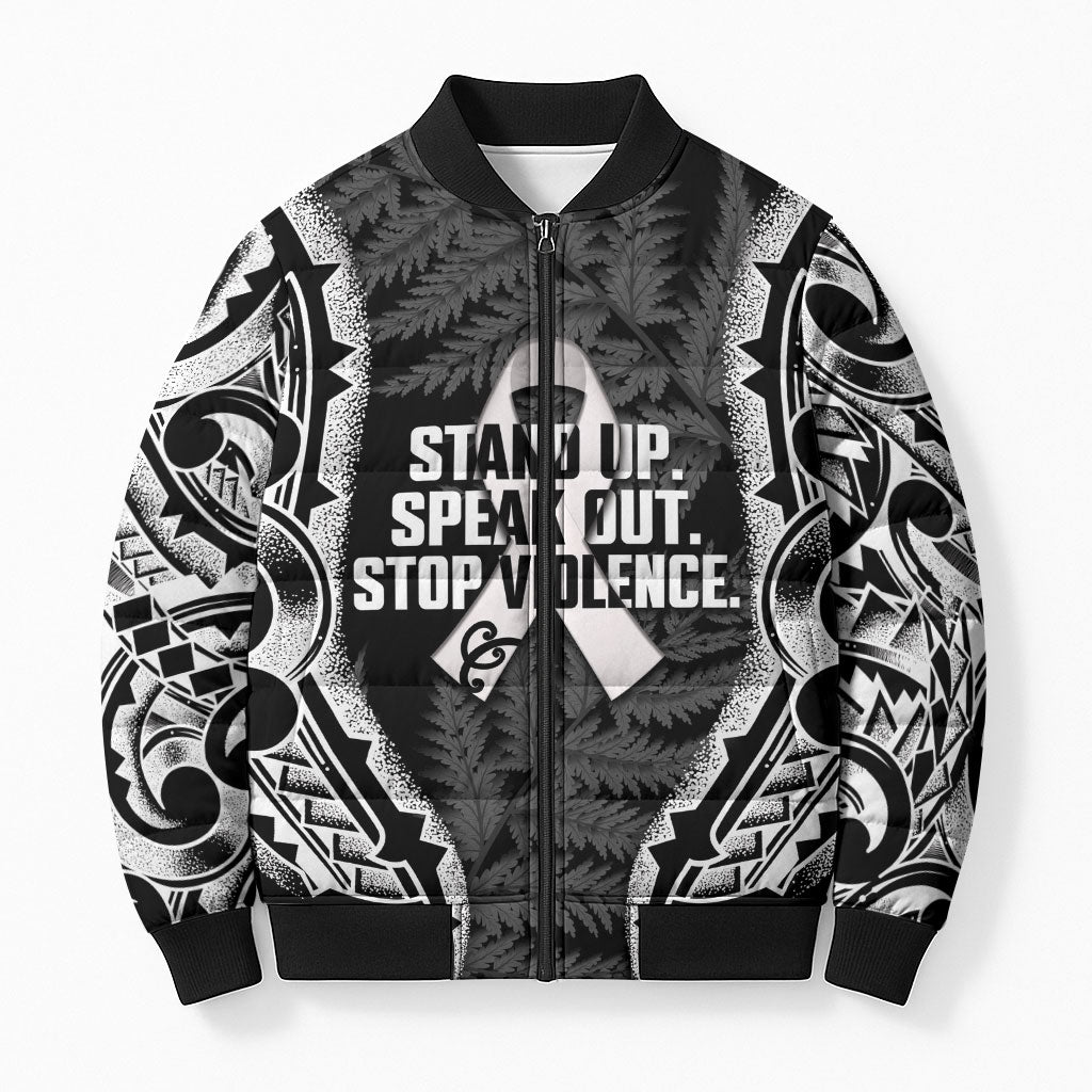 White Ribbon Day New Zealand Bomber Puffer Jacket Respect Women Maori Pattern Black LT14 Unisex Black - Polynesian Pride