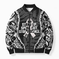 White Ribbon Day New Zealand Bomber Puffer Jacket Respect Women Maori Pattern Black LT14 Unisex Black - Polynesian Pride