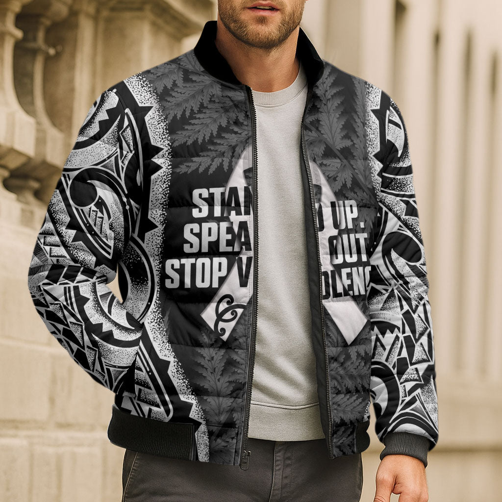 White Ribbon Day New Zealand Bomber Puffer Jacket Respect Women Maori Pattern Black LT14 - Polynesian Pride