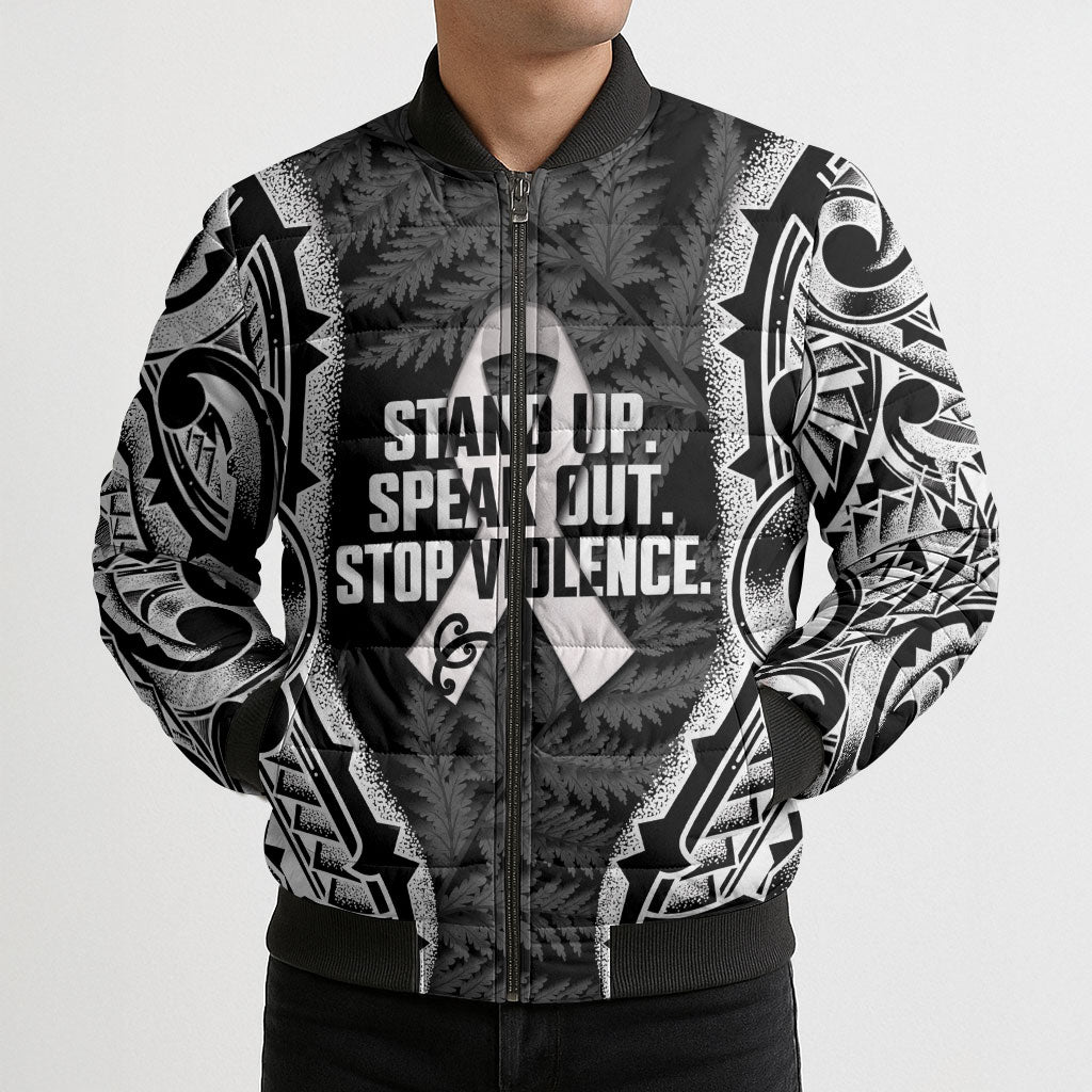 White Ribbon Day New Zealand Bomber Puffer Jacket Respect Women Maori Pattern Black LT14 - Polynesian Pride