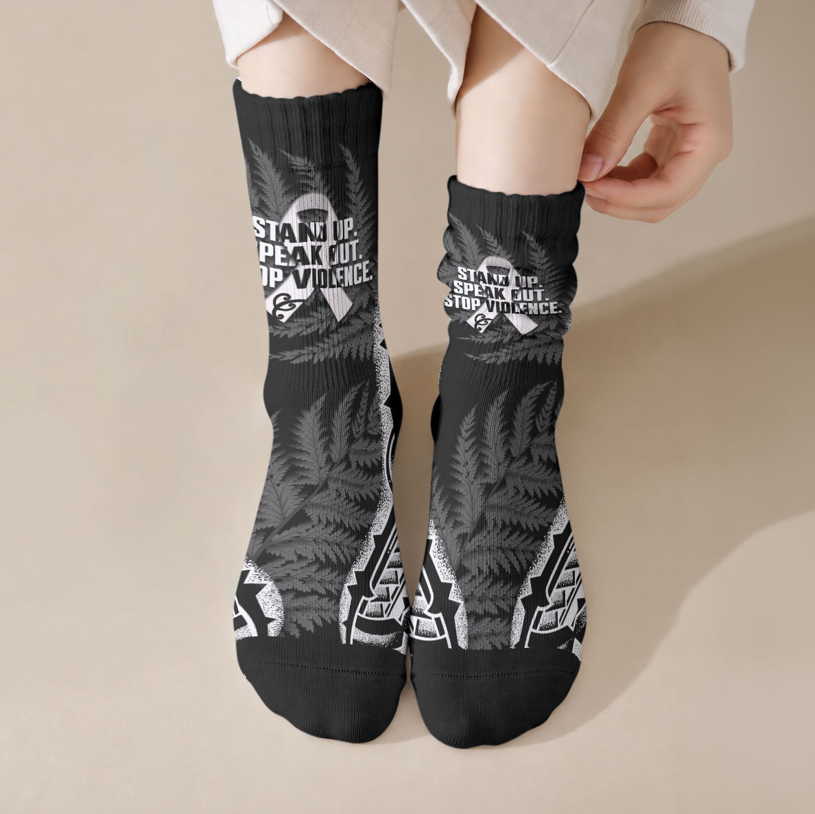 White Ribbon Day New Zealand Crew Socks Respect Women Maori Pattern Black LT14 Crew Socks Black - Polynesian Pride