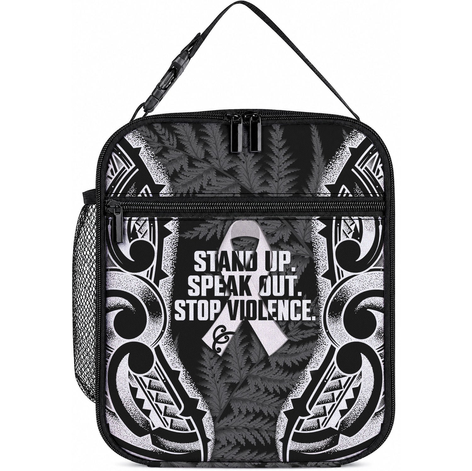 White Ribbon Day New Zealand Lunch Bag Respect Women Maori Pattern Black LT14 10.2 × 8.3 × 4.3 inch Black - Polynesian Pride
