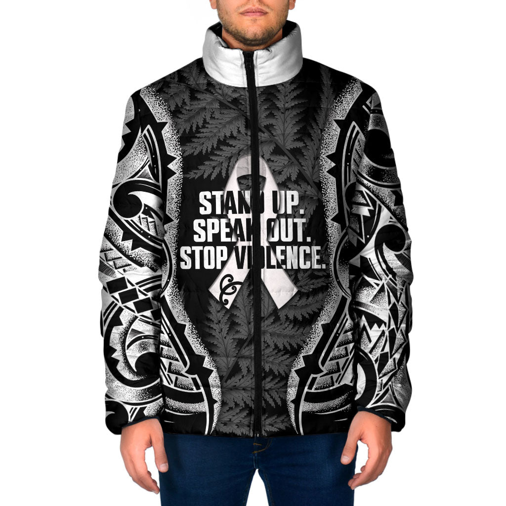 White Ribbon Day New Zealand Padded Jacket Respect Women Maori Pattern Black LT14 Men Black - Polynesian Pride