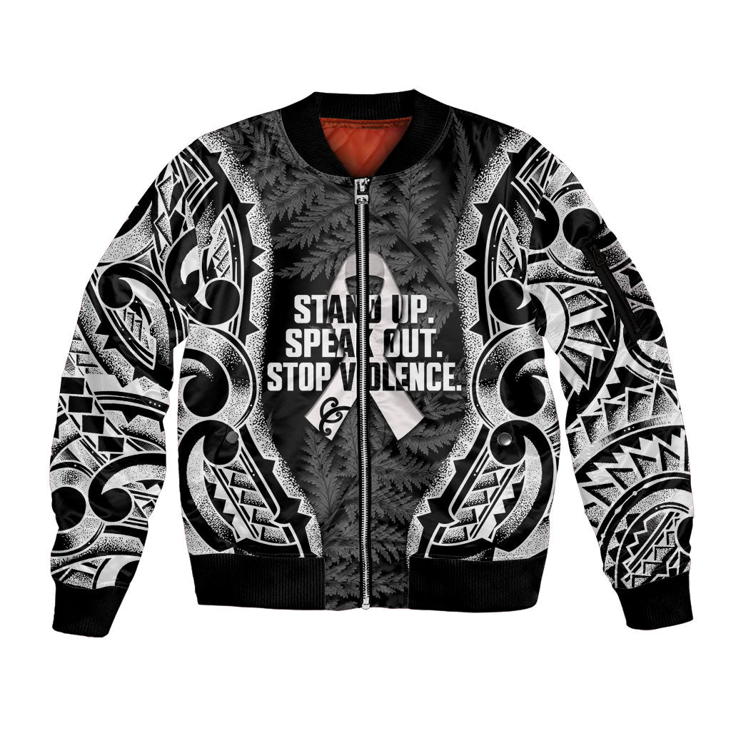 White Ribbon Day New Zealand Sleeve Zip Bomber Jacket Respect Women Maori Pattern Black LT14 Unisex Black - Polynesian Pride