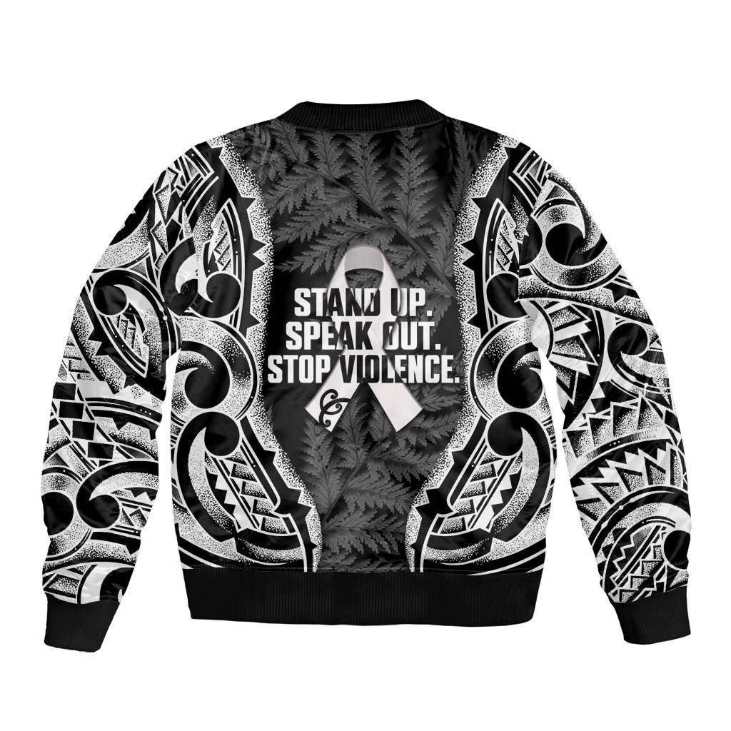 White Ribbon Day New Zealand Sleeve Zip Bomber Jacket Respect Women Maori Pattern Black LT14 - Polynesian Pride