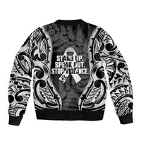 White Ribbon Day New Zealand Sleeve Zip Bomber Jacket Respect Women Maori Pattern Black LT14 - Polynesian Pride
