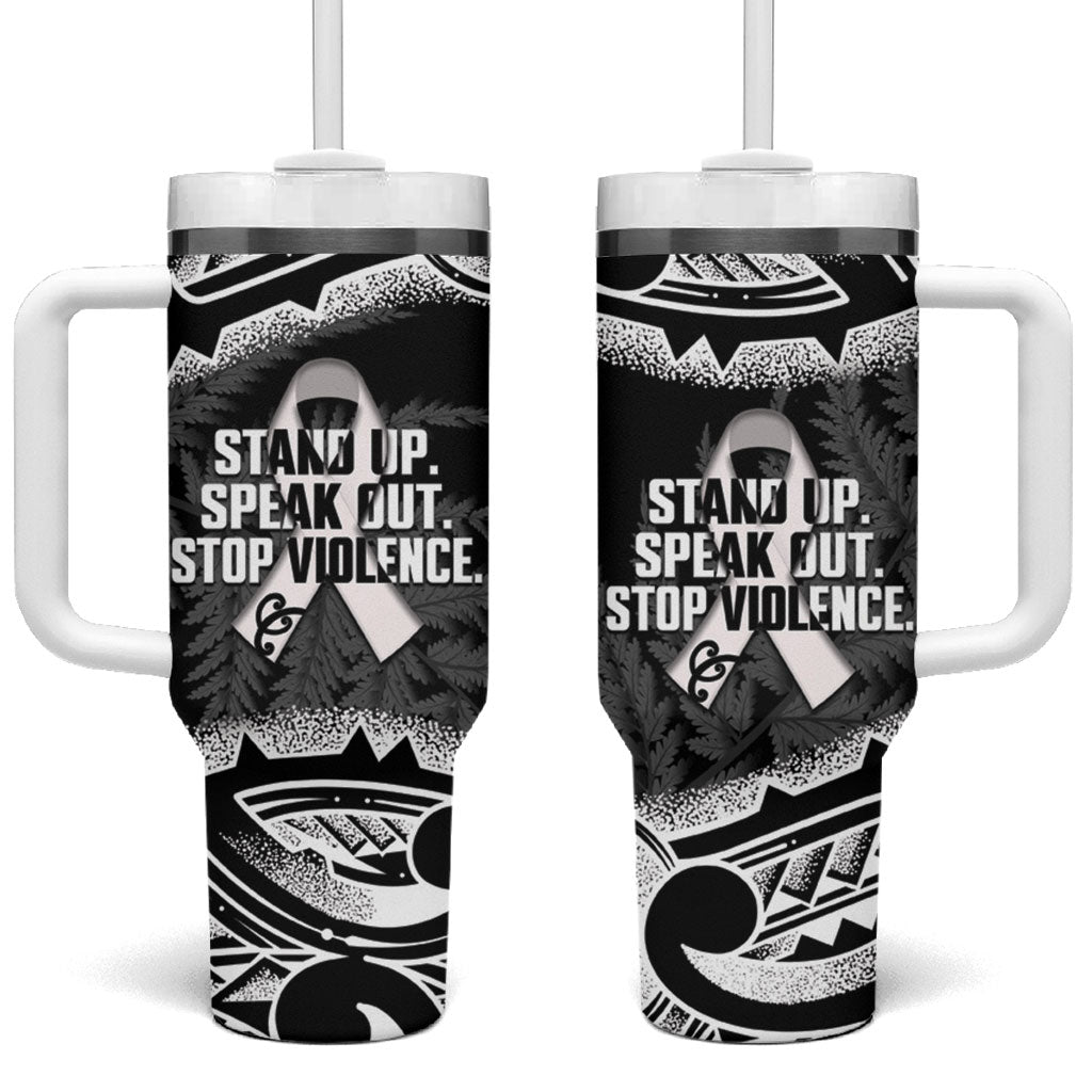 White Ribbon Day New Zealand Tumbler With Handle Respect Women Maori Pattern Black LT14 One Size: 40 oz Black - Polynesian Pride
