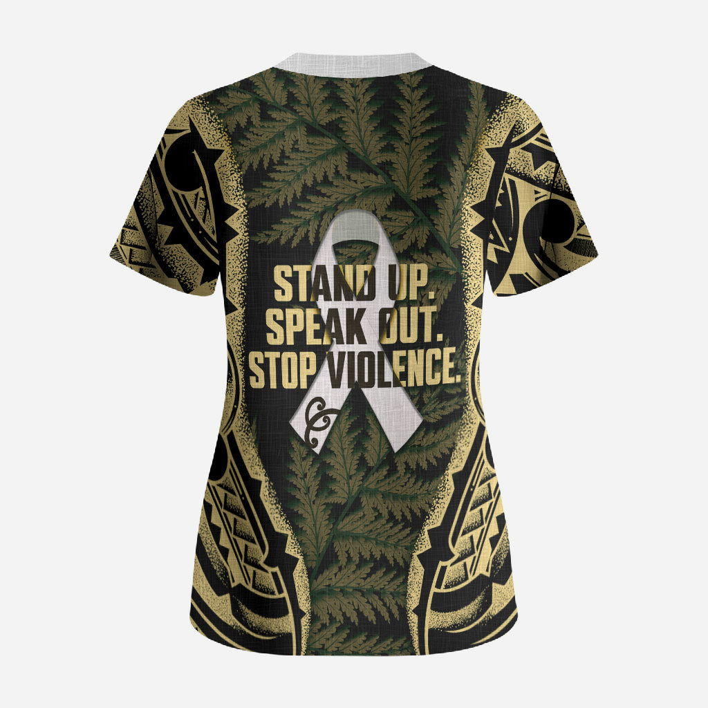 White Ribbon Day New Zealand Scrub Top Respect Women Maori Pattern Yellow LT14 - Polynesian Pride