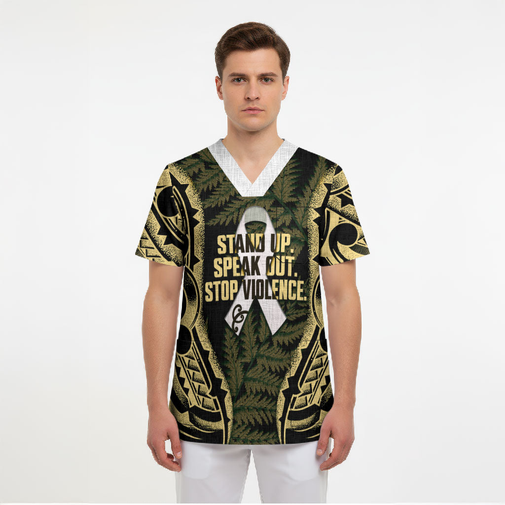 White Ribbon Day New Zealand Scrub Top Respect Women Maori Pattern Yellow LT14 - Polynesian Pride