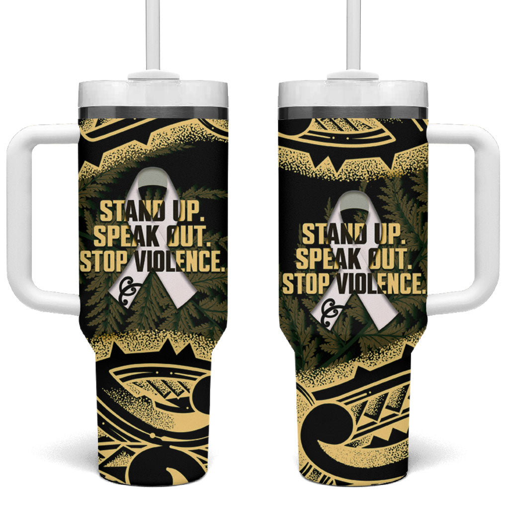 White Ribbon Day New Zealand Tumbler With Handle Respect Women Maori Pattern Yellow LT14 One Size: 40 oz Yellow - Polynesian Pride