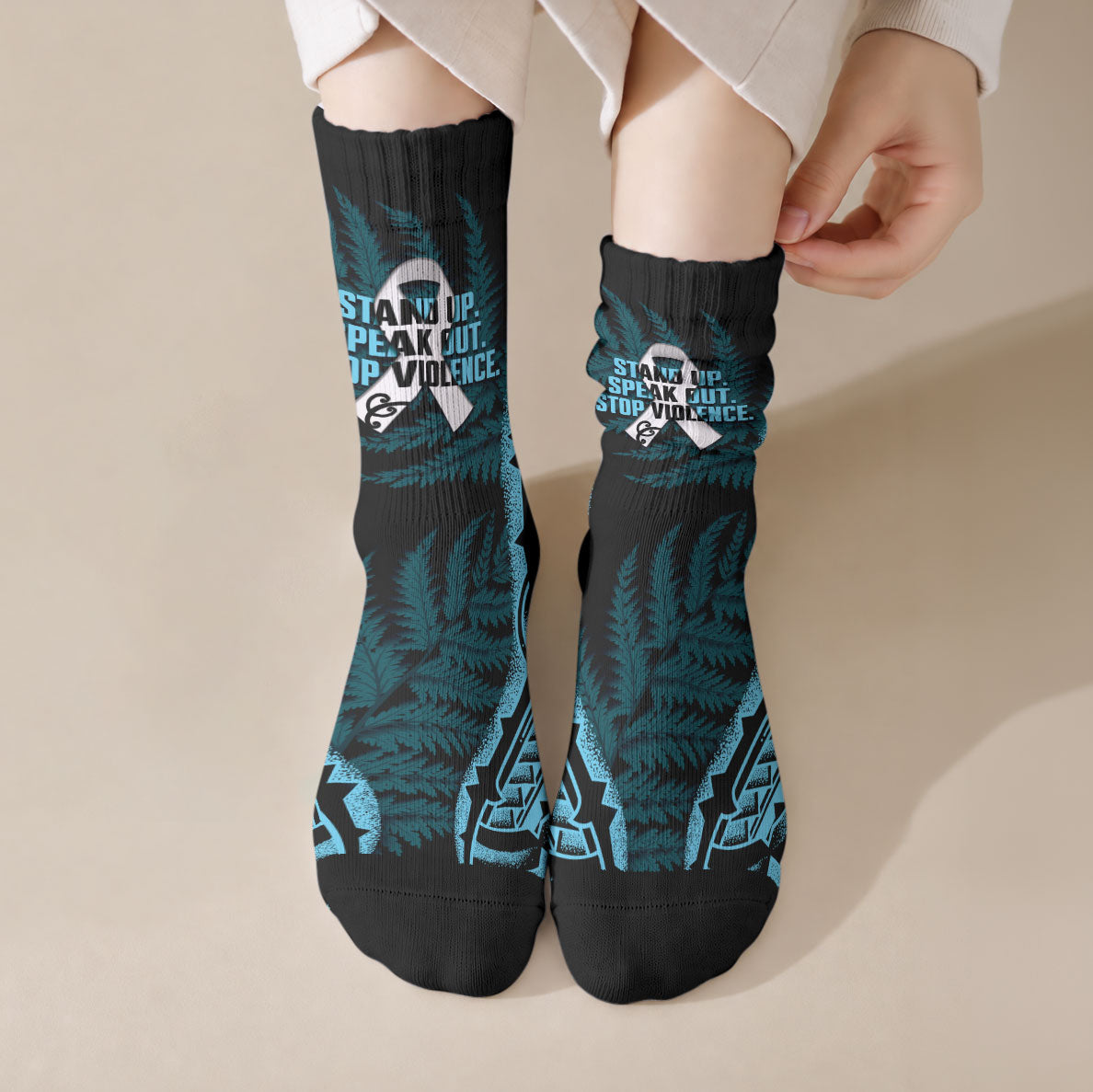 White Ribbon Day New Zealand Crew Socks Respect Women Maori Pattern Blue LT14 Crew Socks Blue - Polynesian Pride