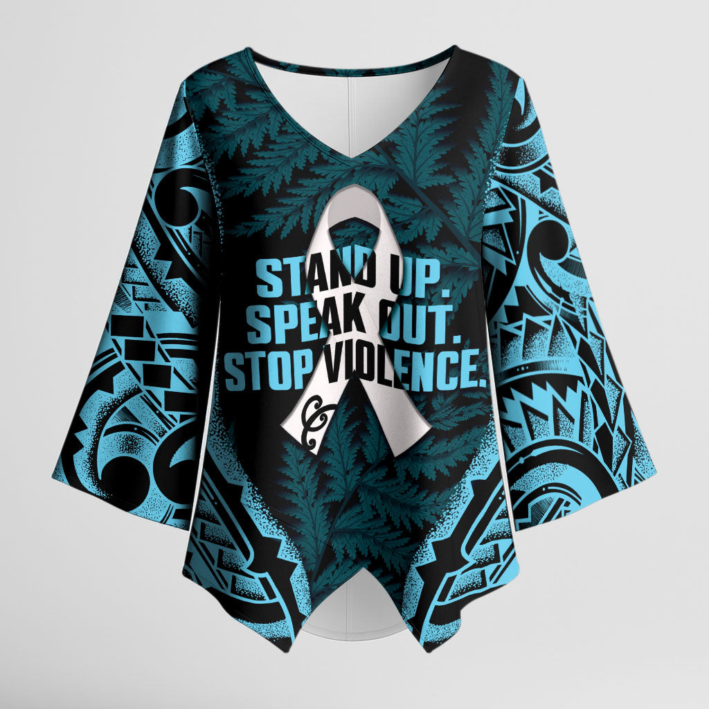 White Ribbon Day New Zealand Kimono Sleeve Blouse Respect Women Maori Pattern Blue LT14 Female Blue - Polynesian Pride