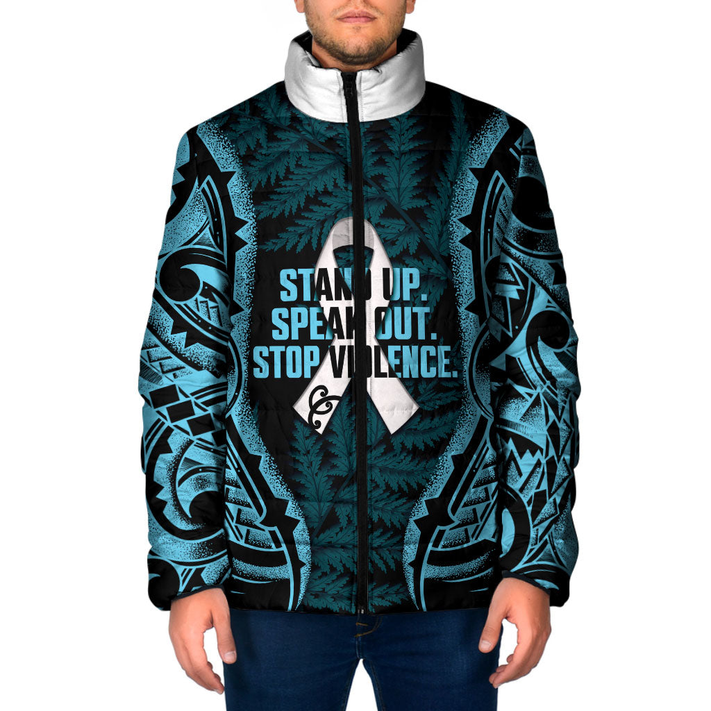 White Ribbon Day New Zealand Padded Jacket Respect Women Maori Pattern Blue LT14 Men Blue - Polynesian Pride