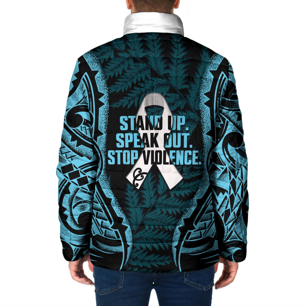 White Ribbon Day New Zealand Padded Jacket Respect Women Maori Pattern Blue LT14 - Polynesian Pride