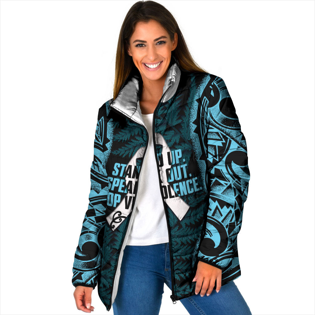 White Ribbon Day New Zealand Padded Jacket Respect Women Maori Pattern Blue LT14 Women Blue - Polynesian Pride