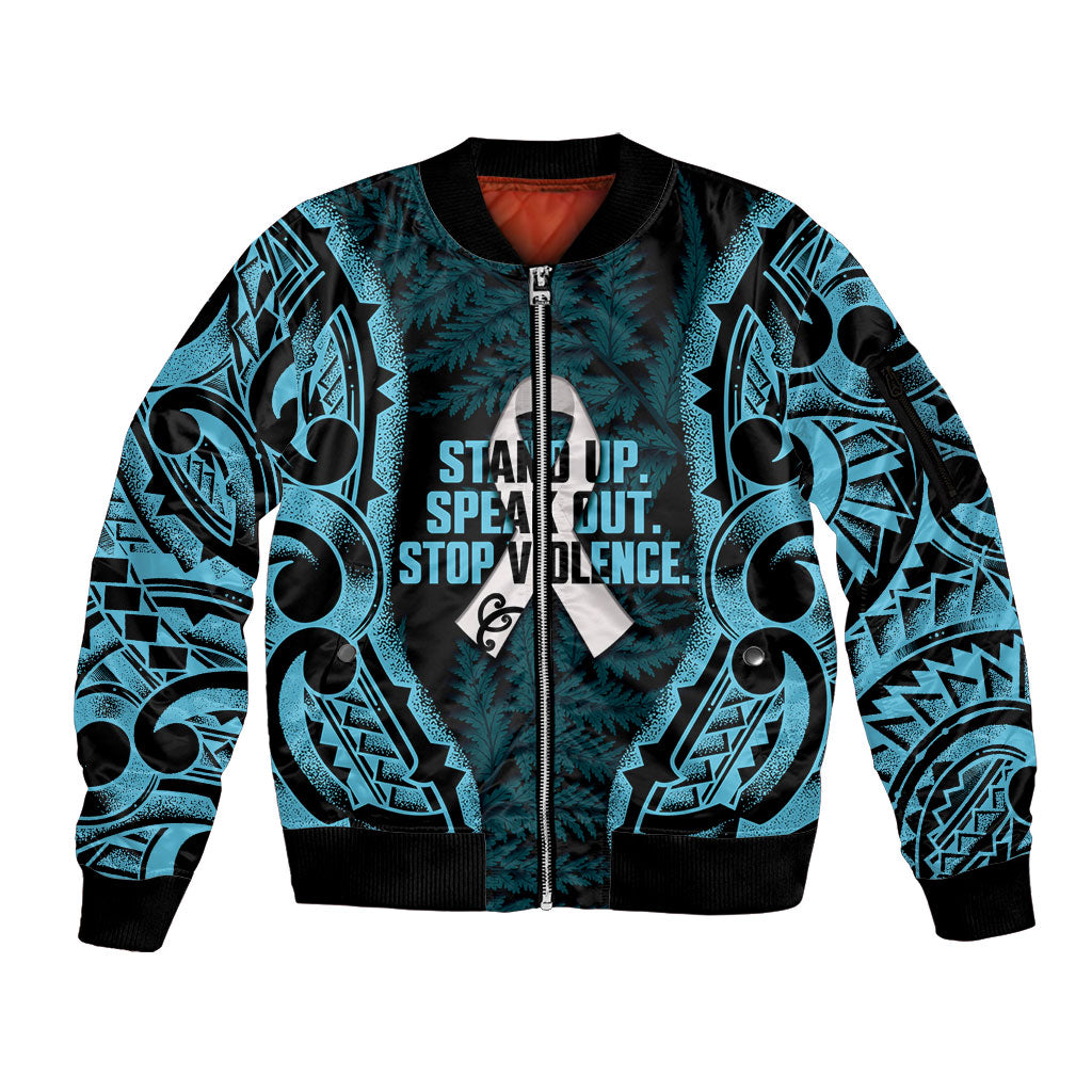 White Ribbon Day New Zealand Sleeve Zip Bomber Jacket Respect Women Maori Pattern Blue LT14 Unisex Blue - Polynesian Pride