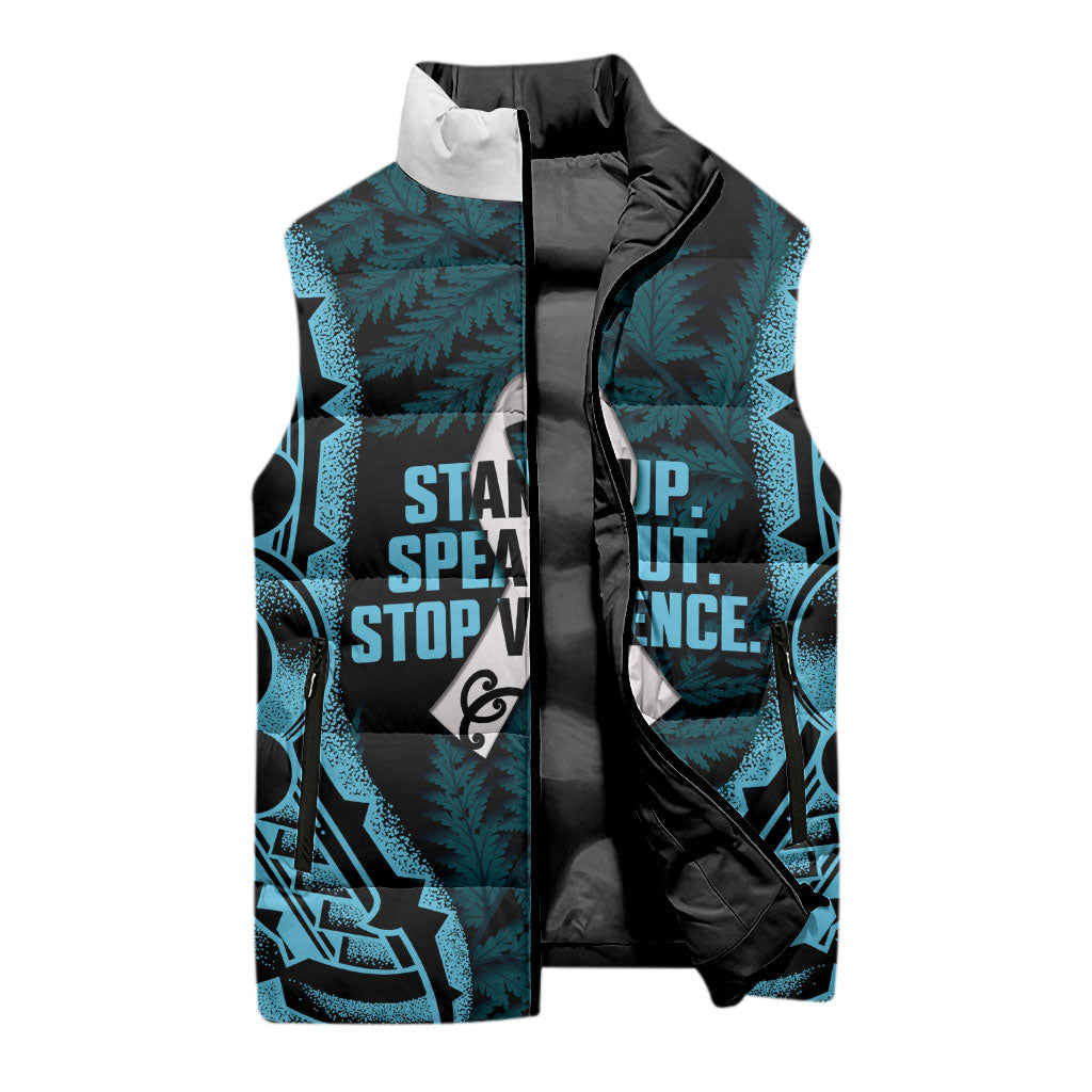 White Ribbon Day New Zealand Sleeveless Puffer Jacket Respect Women Maori Pattern Blue LT14 - Polynesian Pride