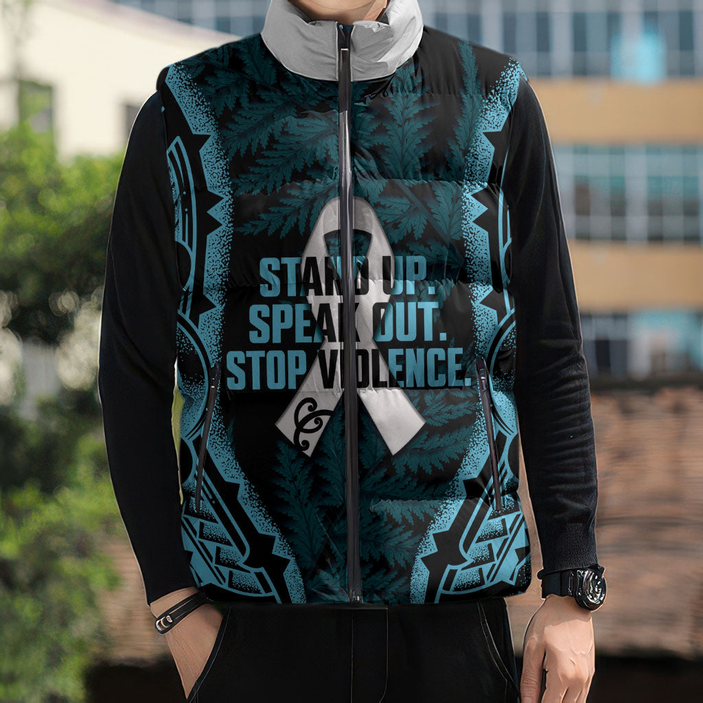 White Ribbon Day New Zealand Sleeveless Puffer Jacket Respect Women Maori Pattern Blue LT14 - Polynesian Pride