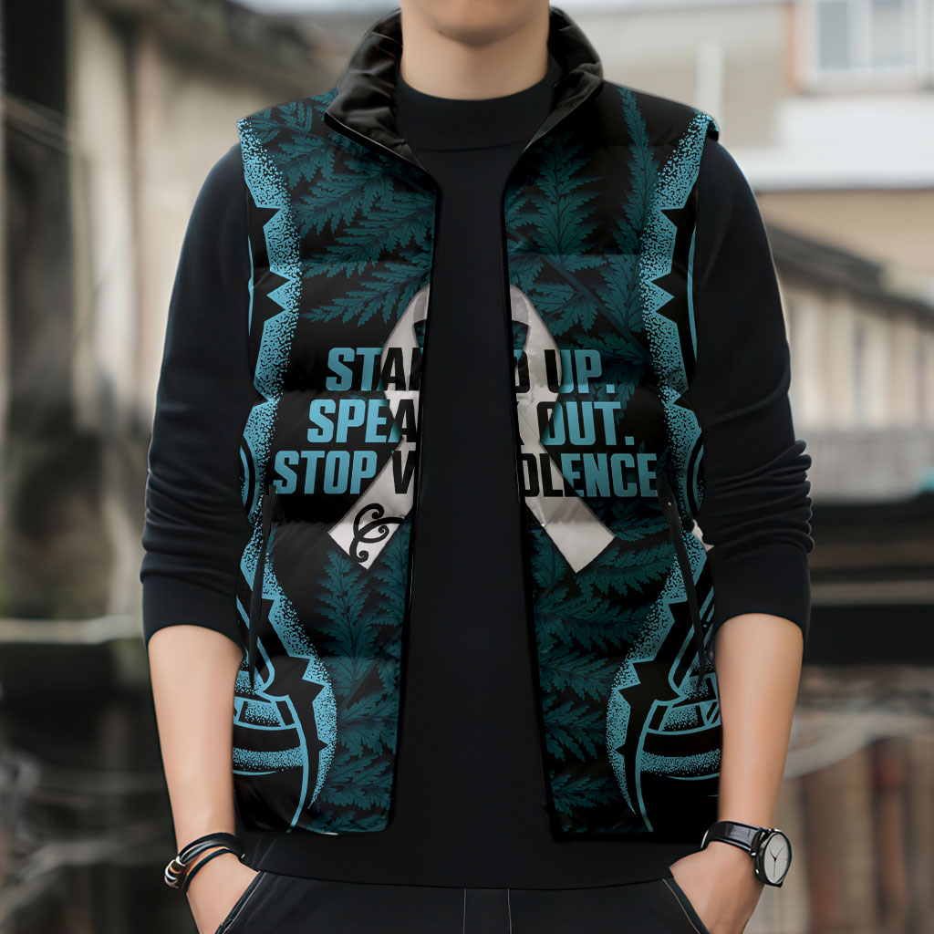 White Ribbon Day New Zealand Sleeveless Puffer Jacket Respect Women Maori Pattern Blue LT14 - Polynesian Pride