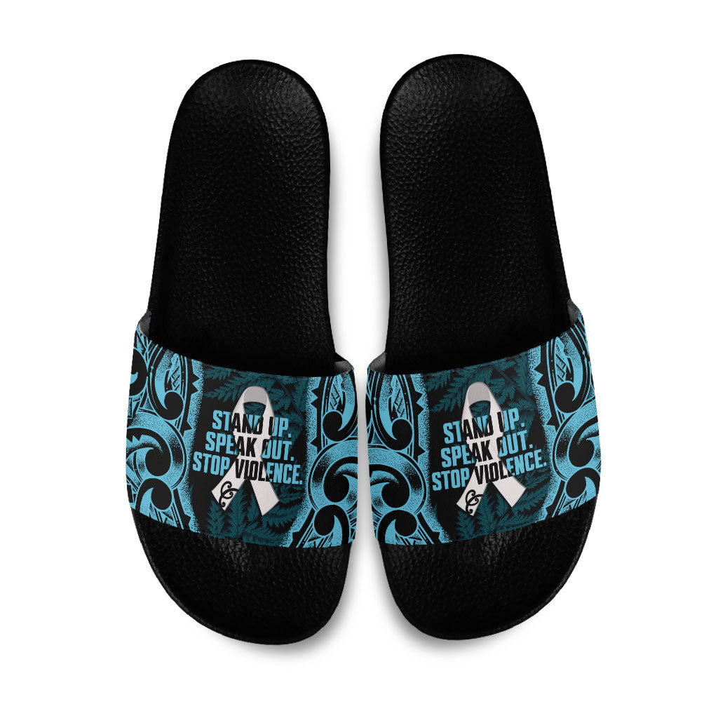 White Ribbon Day New Zealand Slide Sandals Respect Women Maori Pattern Blue LT14 Blue - Polynesian Pride