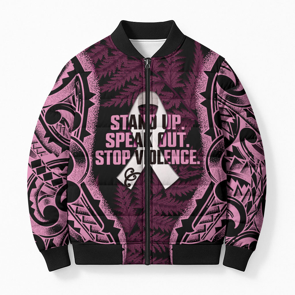 White Ribbon Day New Zealand Bomber Puffer Jacket Respect Women Maori Pattern Pink LT14 Unisex Pink - Polynesian Pride