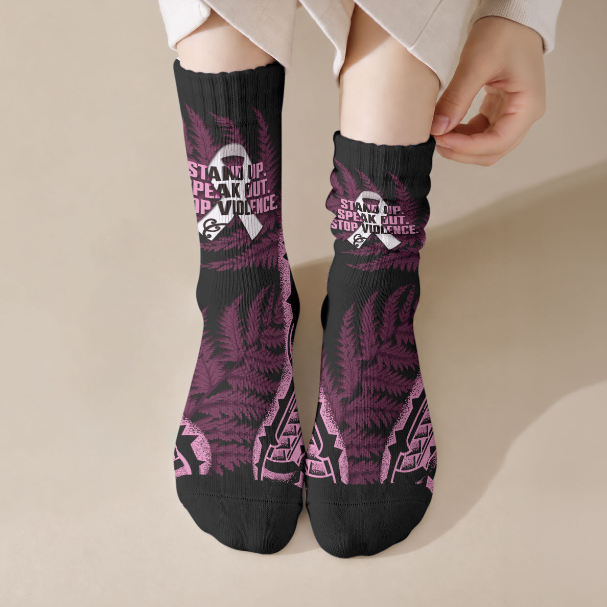 White Ribbon Day New Zealand Crew Socks Respect Women Maori Pattern Pink LT14 Crew Socks Pink - Polynesian Pride