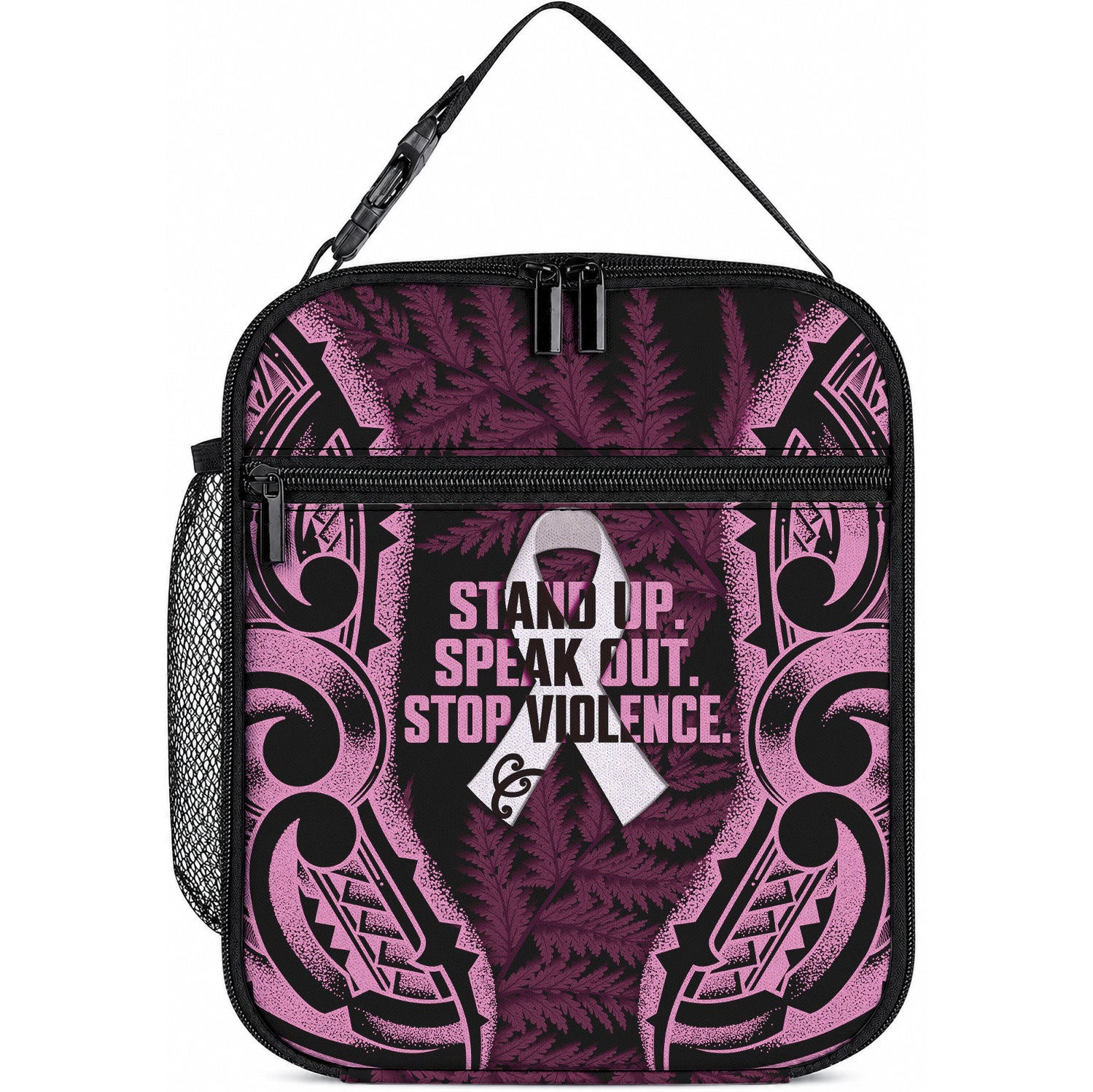 White Ribbon Day New Zealand Lunch Bag Respect Women Maori Pattern Pink LT14 10.2 × 8.3 × 4.3 inch Pink - Polynesian Pride