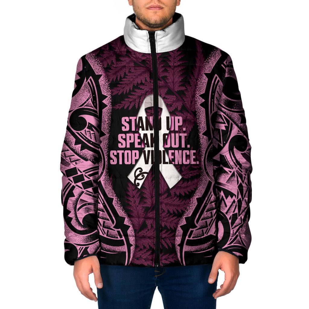 White Ribbon Day New Zealand Padded Jacket Respect Women Maori Pattern Pink LT14 Men Pink - Polynesian Pride