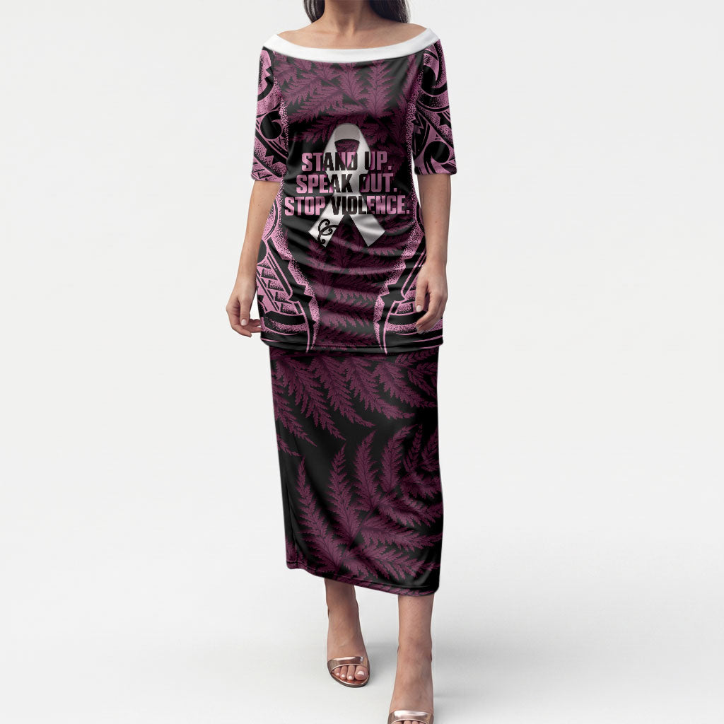 White Ribbon Day New Zealand Puletasi Respect Women Maori Pattern Pink LT14 Long Dress Pink - Polynesian Pride