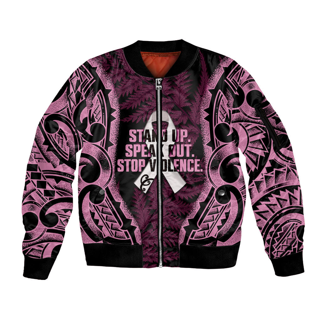 White Ribbon Day New Zealand Sleeve Zip Bomber Jacket Respect Women Maori Pattern Pink LT14 Unisex Pink - Polynesian Pride